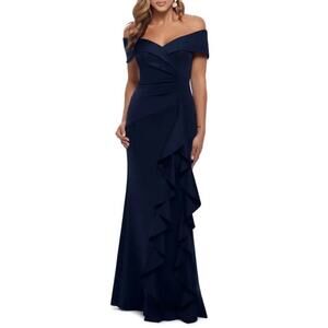 NWT Xscape Ruffle Off The Shoulder Scuba Gown Women's Navy Size 16